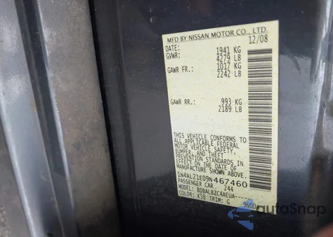 2009 Nissan Altima 2.5 S z USA, uszkodzony, nr VIN 1N4AL21E09N467460